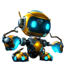 A cute little robot in blue and yellow metal style on a black background in the style of a cartoon character design shown from the front view in a cyberpunk style